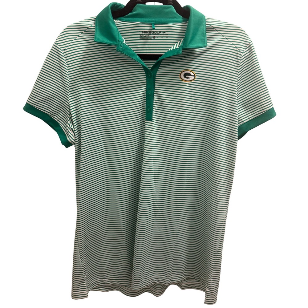 Nike Golf Green Bay Packers Polo Shirt Womens XL Green White Striped NFL Dri-FIT